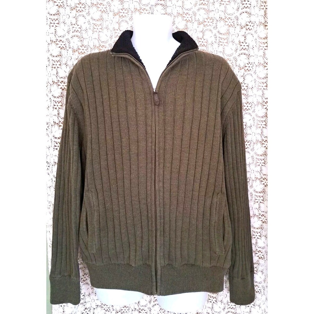 Lanesboro Sweater‎ Jacket Men's Size Large Green Fleece Lined Thick Ribbed Knit